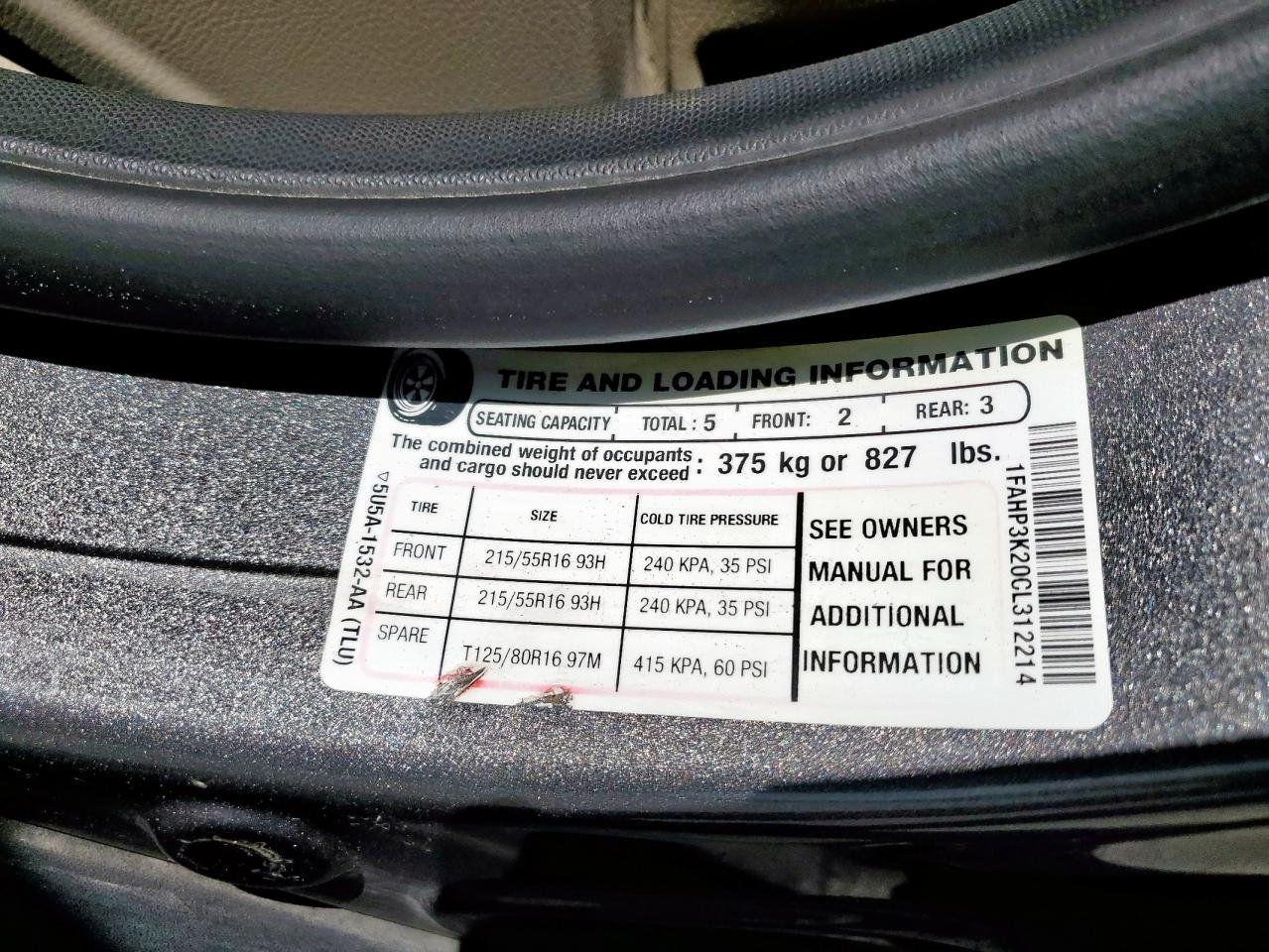 2012 Ford Focus VIN 1FAHP3K20CL312214 Copart auction photo, front end damage thumbnail 12