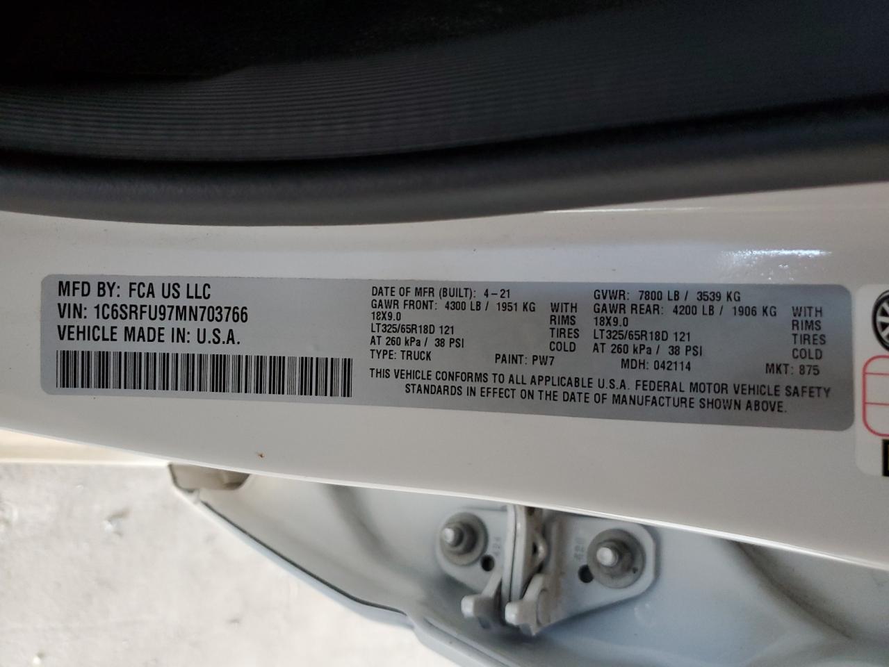 2021 RAM 1500 VIN 1C6SRFU97MN703766 Copart auction photo, damage history damage thumbnail 12