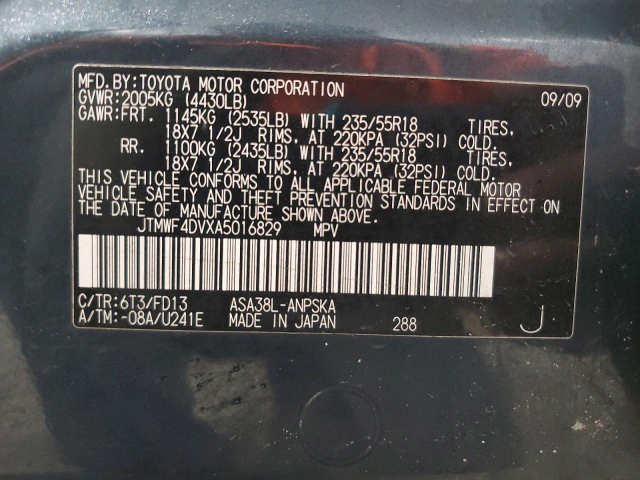 2010 Toyota RAV 4 VIN JTMWF4DVXA5016829 Copart auction photo, rear end damage thumbnail 13