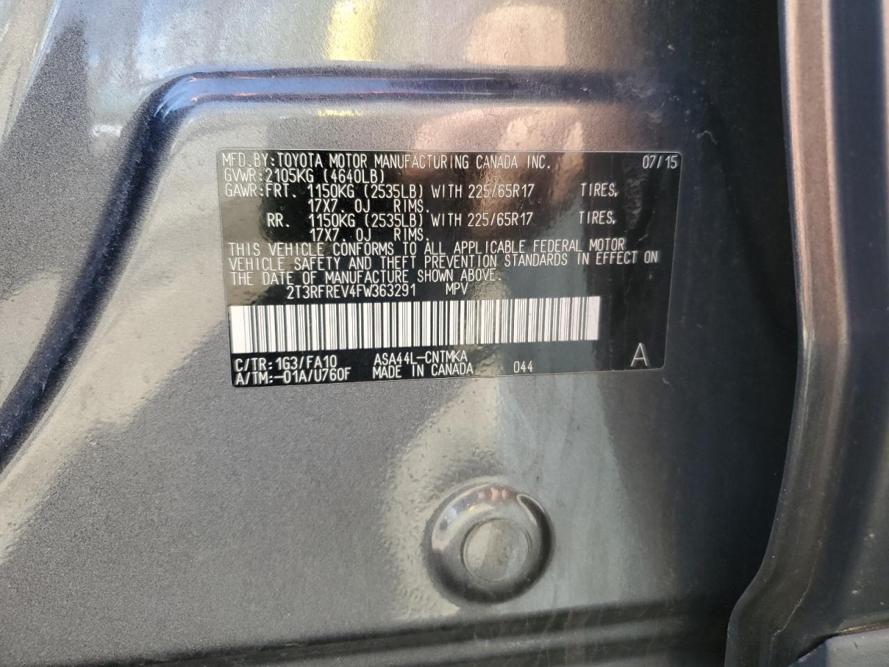 2015 Toyota RAV 4 VIN 2T3RFREV4FW363291 Copart auction photo, rear end / minor dent/scratches damage thumbnail 15