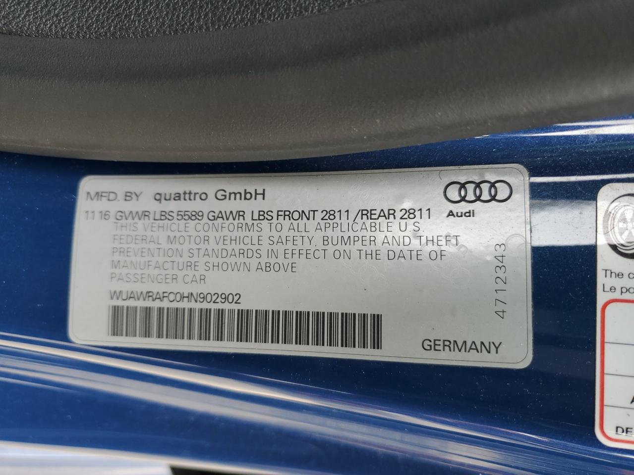 2017 Audi S7 VIN WUAWRAFC0HN902902 Copart auction photo, rear end damage thumbnail 12
