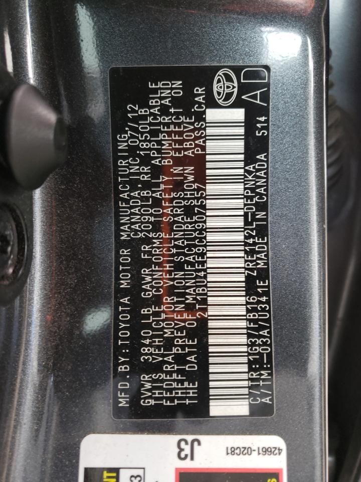 2012 Toyota Corolla VIN 2T1BU4EE9CC907557 Copart auction photo, front end / minor dent/scratches damage thumbnail 12