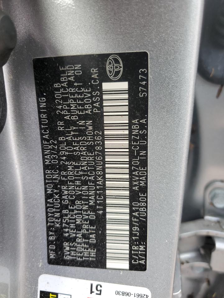 2022 Toyota Camry VIN 4T1C11AK8NU678362 Copart auction photo, water/flood damage thumbnail 13