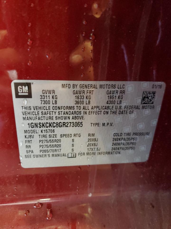 2016 Chevrolet Tahoe VIN 1GNSKCKC8GR273065 Copart auction photo, front end / rear end damage thumbnail 13
