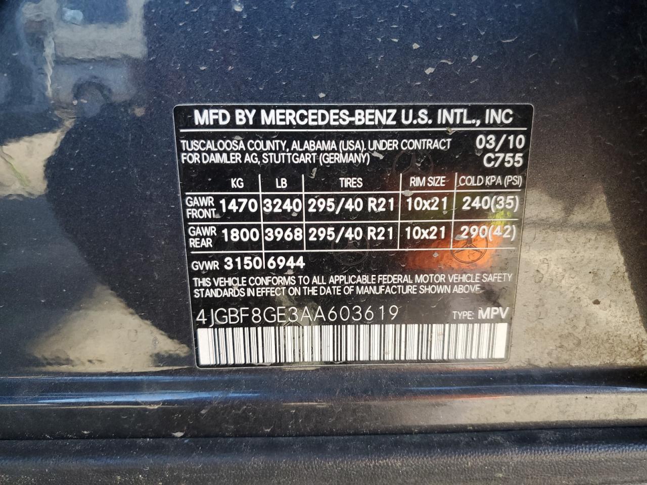 2010 Mercedes-Benz GL-klasse VIN 4JGBF8GE3AA603619 Copart auction photo, front end damage thumbnail 14