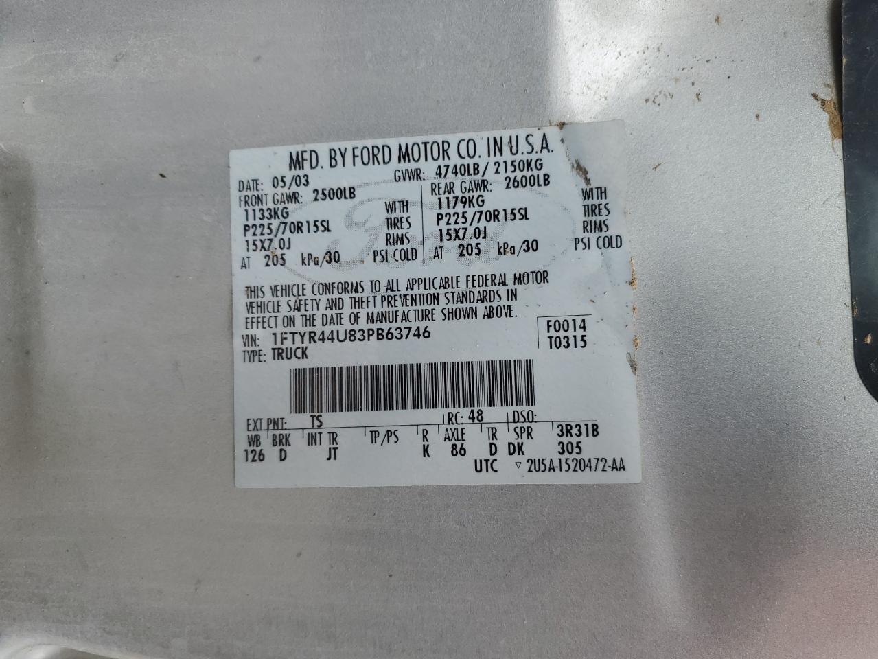 2003 Ford Ranger VIN 1FTYR44U83PB63746 Copart auction photo, rollover damage thumbnail 13