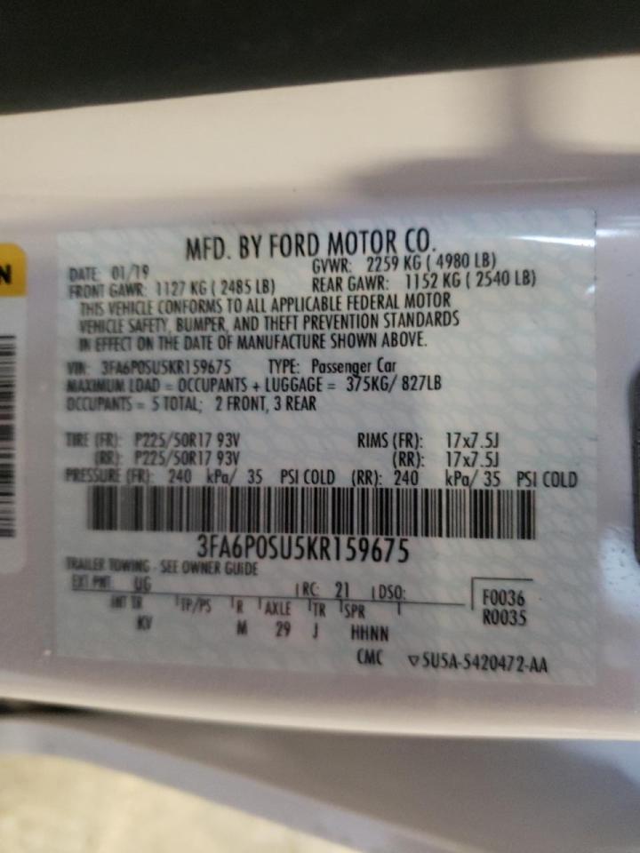 2019 Ford Fusion VIN 3FA6P0SU5KR159675 Copart auction photo, burn damage thumbnail 12