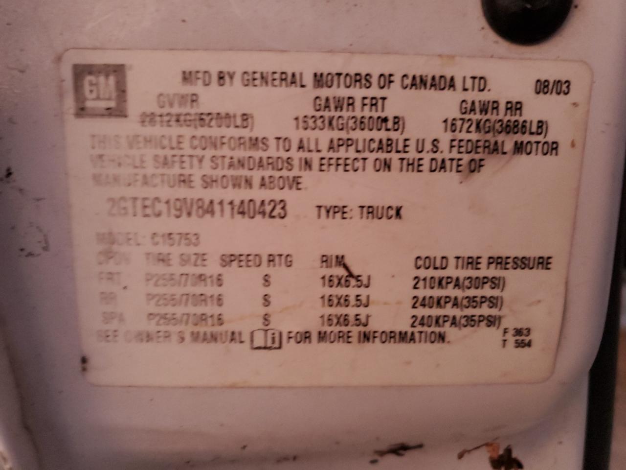 2004 GMC Sierra VIN 2GTEC19V841140423 Copart auction photo, water/flood damage thumbnail 13