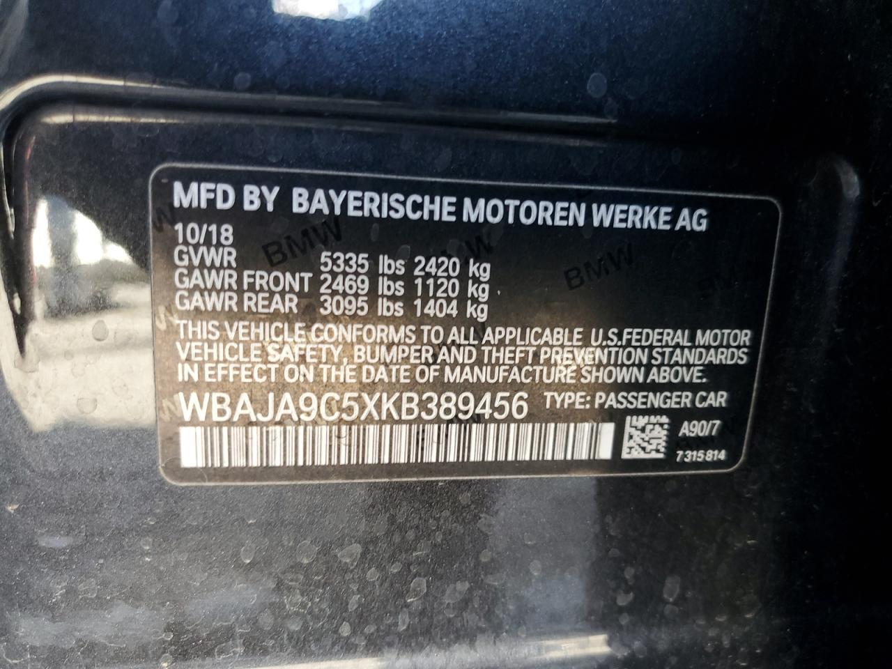 2019 BMW 5er VIN WBAJA9C5XKB389456 Copart auction photo, front end / undercarriage damage thumbnail 14