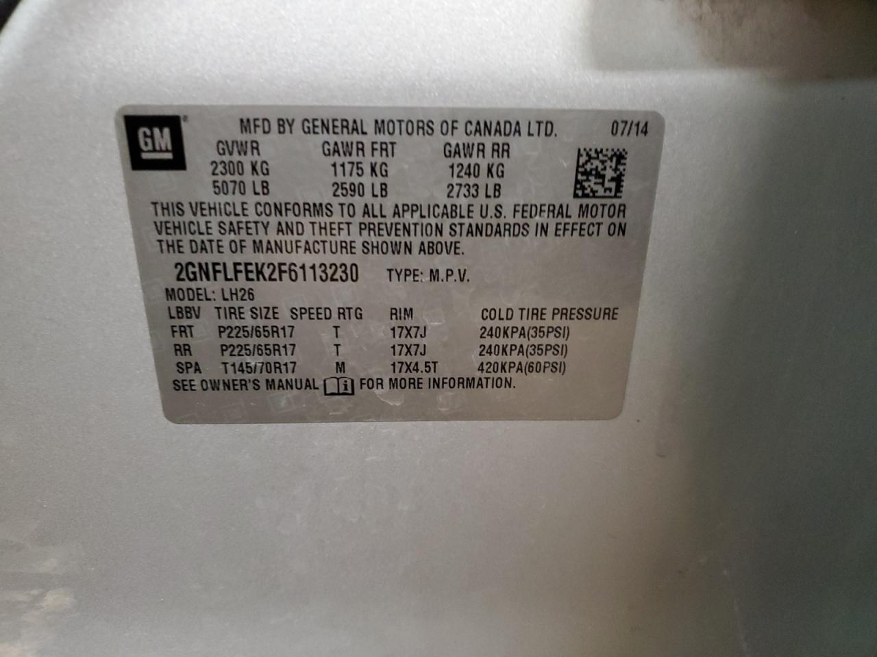 2015 Chevrolet Equinox VIN 2GNFLFEK2F6113230 Copart auction photo, hail damage thumbnail 13