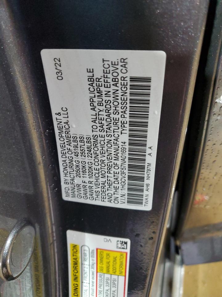 2022 Honda Accord VIN 1HGCV3F57NA016914 Copart auction photo, rear end damage thumbnail 13