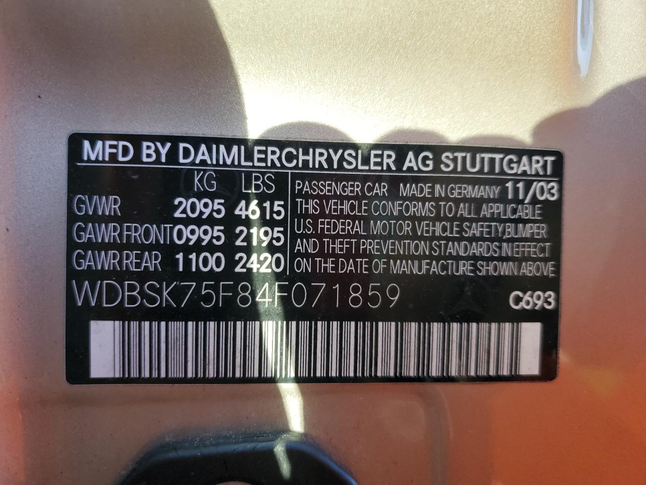 2004 Mercedes-Benz SL-klasse VIN WDBSK75F84F071859 Copart auction photo, rear end / minor dent/scratches damage thumbnail 13