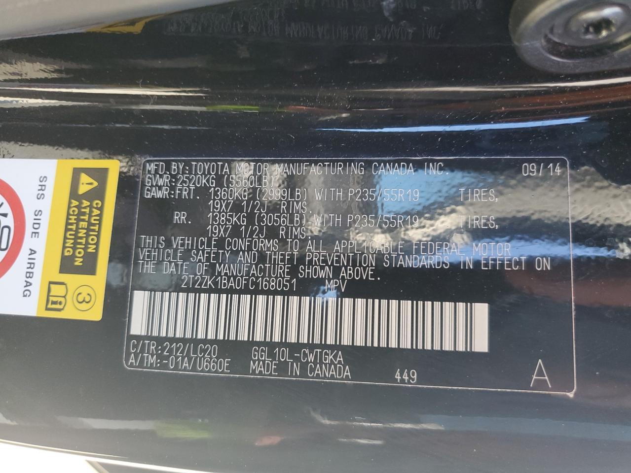 2015 Lexus RX VIN 2T2ZK1BA0FC168051 Copart auction photo, front end / rear end damage thumbnail 12