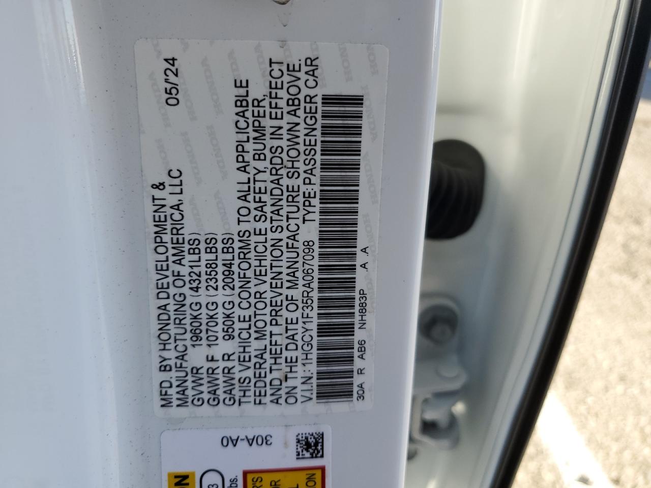 2024 Honda Accord VIN 1HGCY1F35RA067098 Copart auction photo, front end damage thumbnail 13