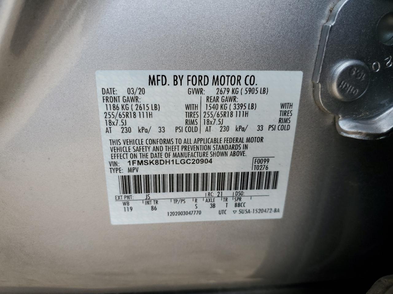 2020 Ford Explorer VIN 1FMSK8DH1LGC20904 Copart auction photo, minor dent/scratches damage thumbnail 13