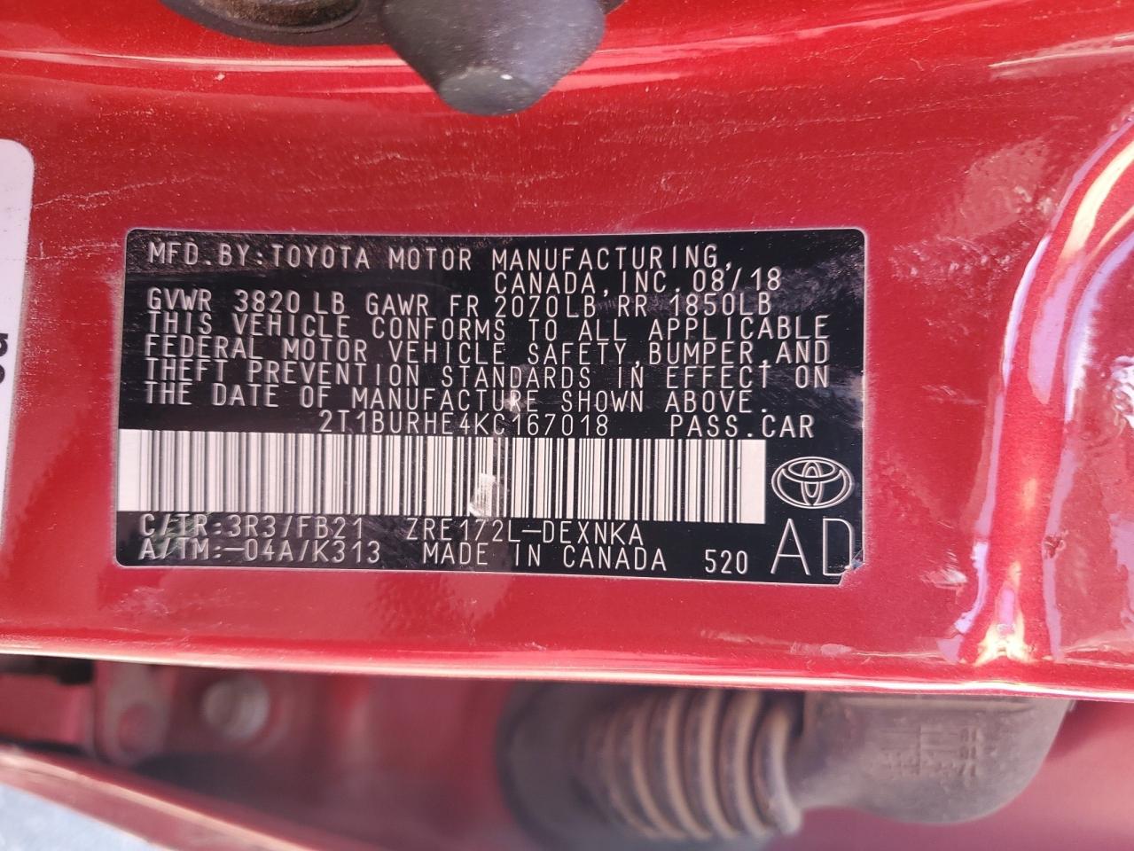 2019 Toyota Corolla VIN 2T1BURHE4KC167018 Copart auction photo, front end / side damage thumbnail 15