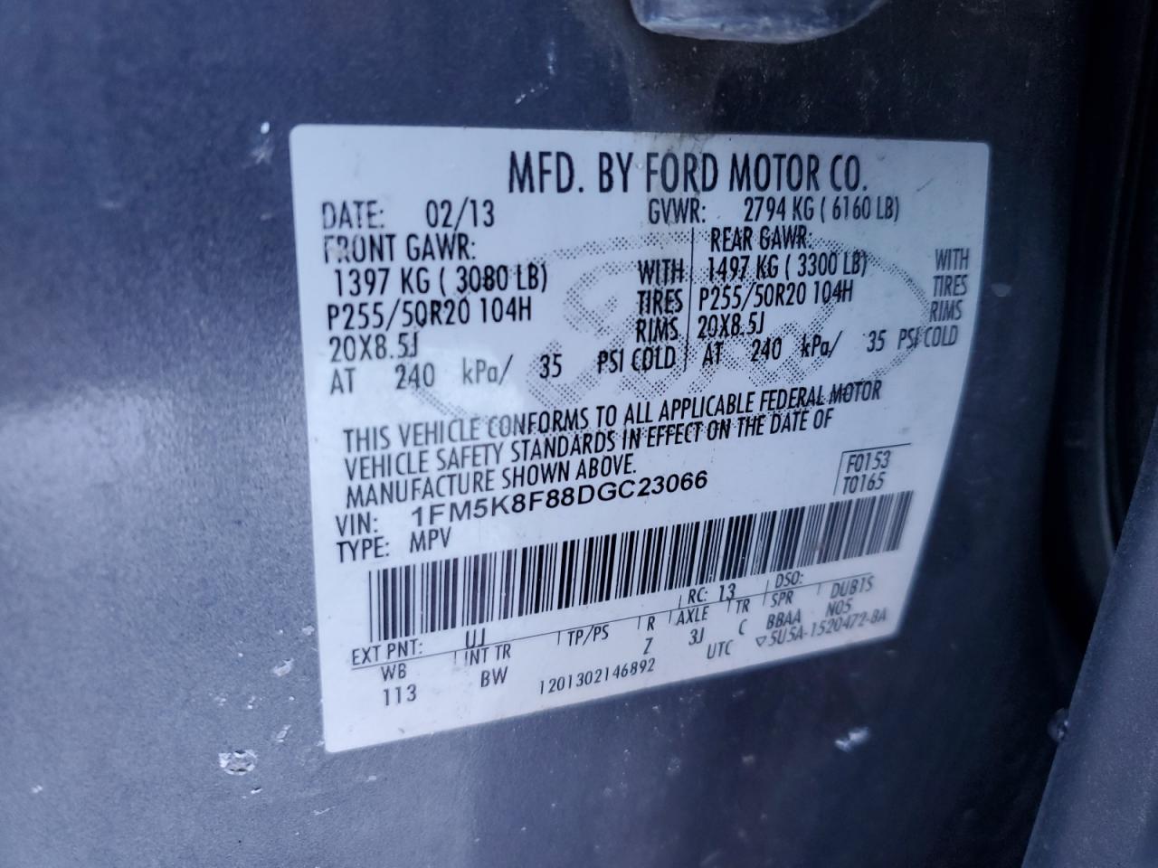 2013 Ford Explorer VIN 1FM5K8F88DGC23066 Copart auction photo, front end / side damage thumbnail 13