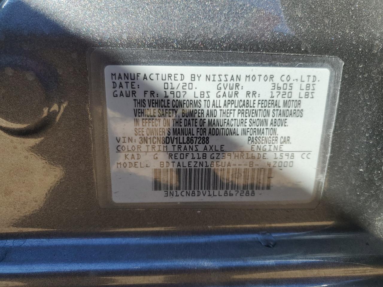 2020 Nissan Versa VIN 3N1CN8DV1LL867288 Copart auction photo, front end / side damage thumbnail 12