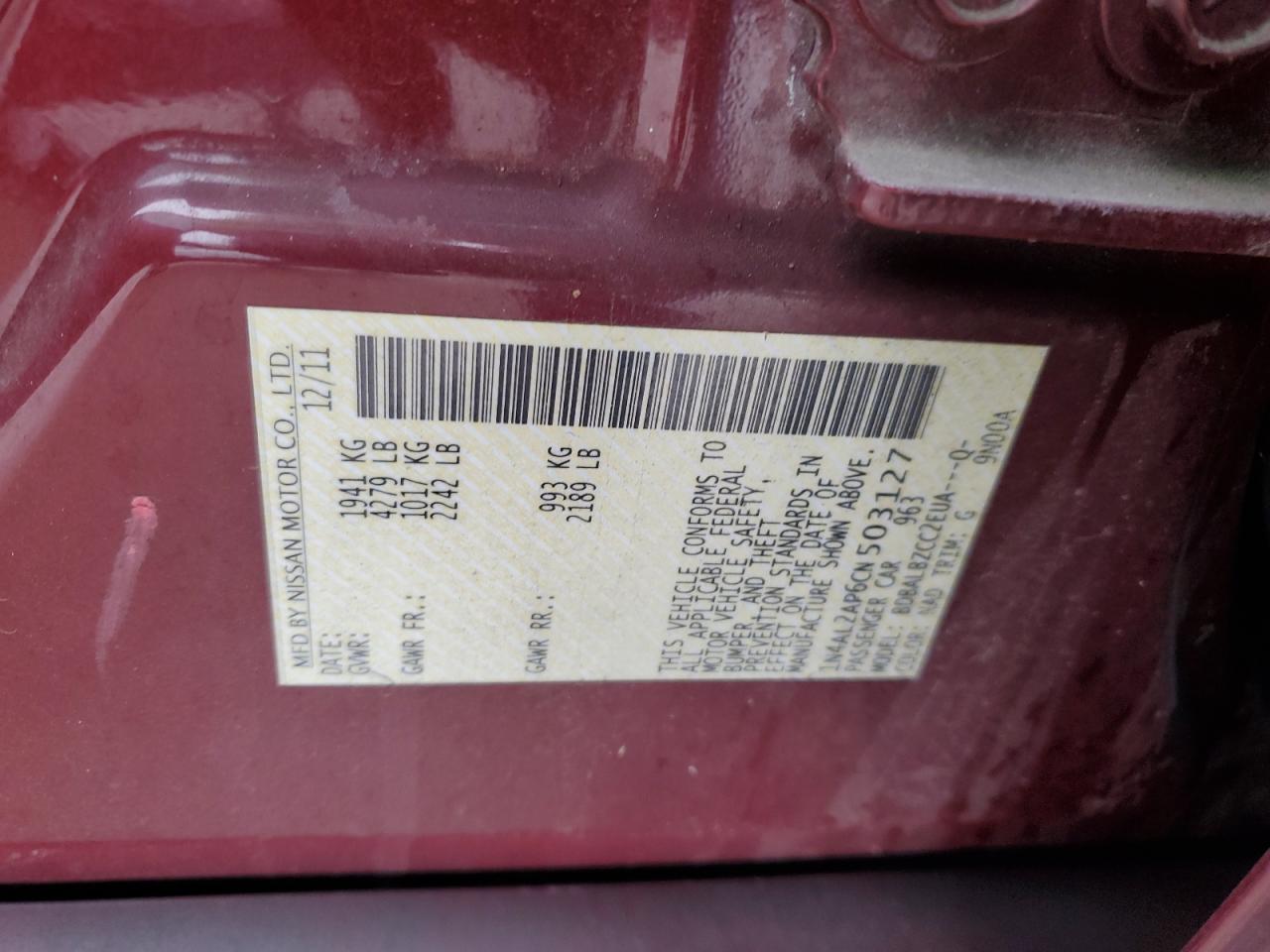 2012 Nissan Altima VIN 1N4AL2AP6CN503127 Copart auction photo, front end / side damage thumbnail 12