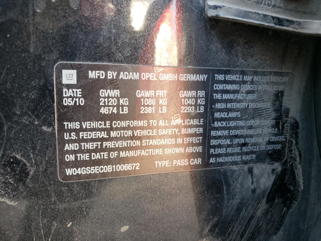 2011 Buick Regal VIN W04GS5EC0B1006672 Copart auction photo, all over damage thumbnail 14