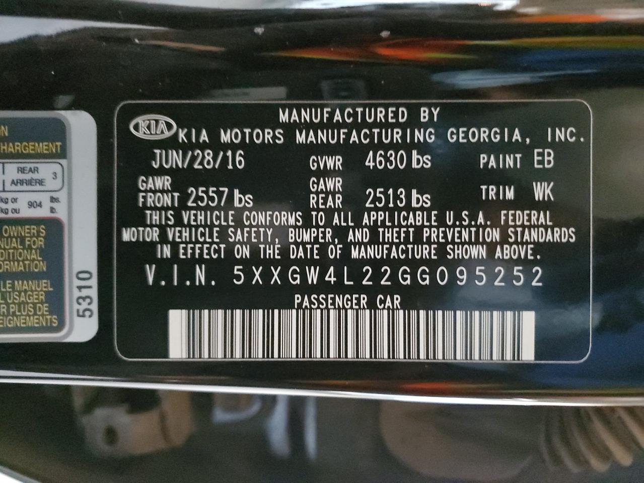 2016 KIA Optima VIN 5XXGW4L22GG095252 Copart auction photo, front end damage thumbnail 14