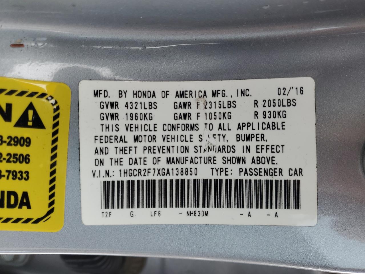 2016 Honda Accord VIN 1HGCR2F7XGA138850 Copart auction photo, all over / undercarriage damage thumbnail 15