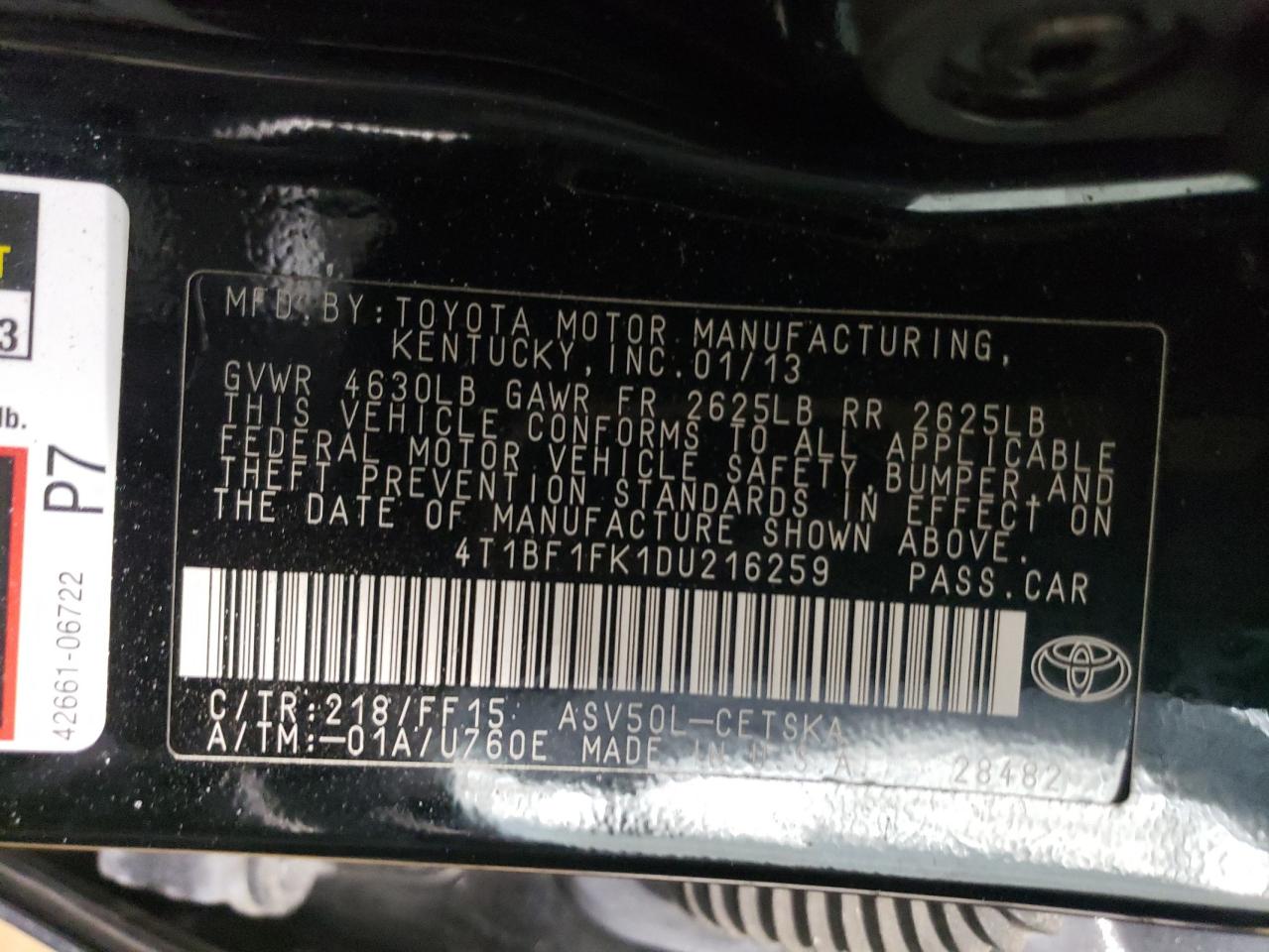 2013 Toyota Camry VIN 4T1BF1FK1DU216259 Copart auction photo, all over / undercarriage damage thumbnail 14