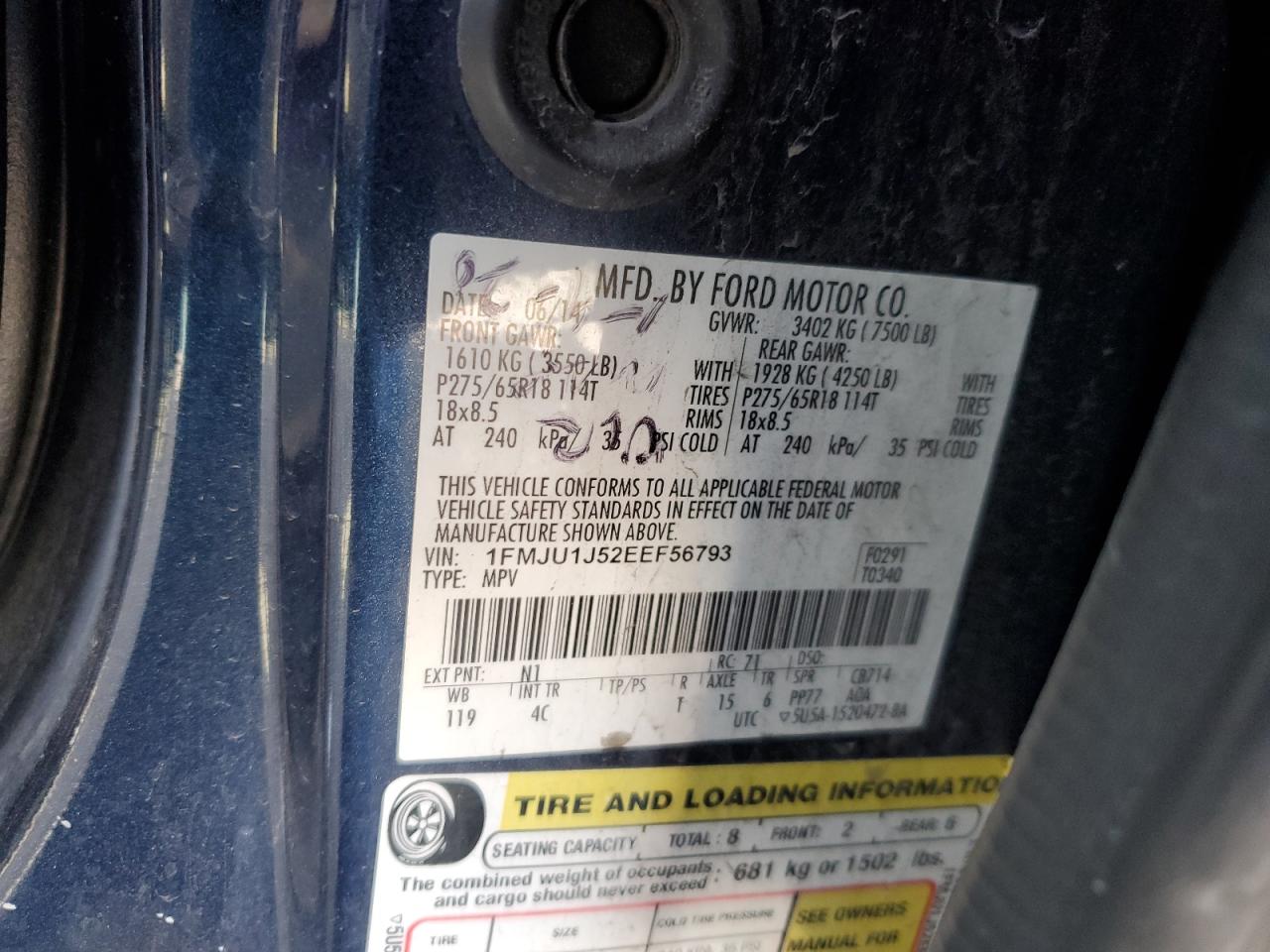 2014 Ford Expedition VIN 1FMJU1J52EEF56793 Copart auction photo, rear end damage thumbnail 13
