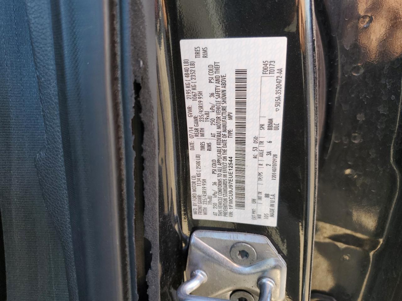 2014 Ford Escape VIN 1FMCU9J97EUE12544 Copart auction photo, front end / side damage thumbnail 15