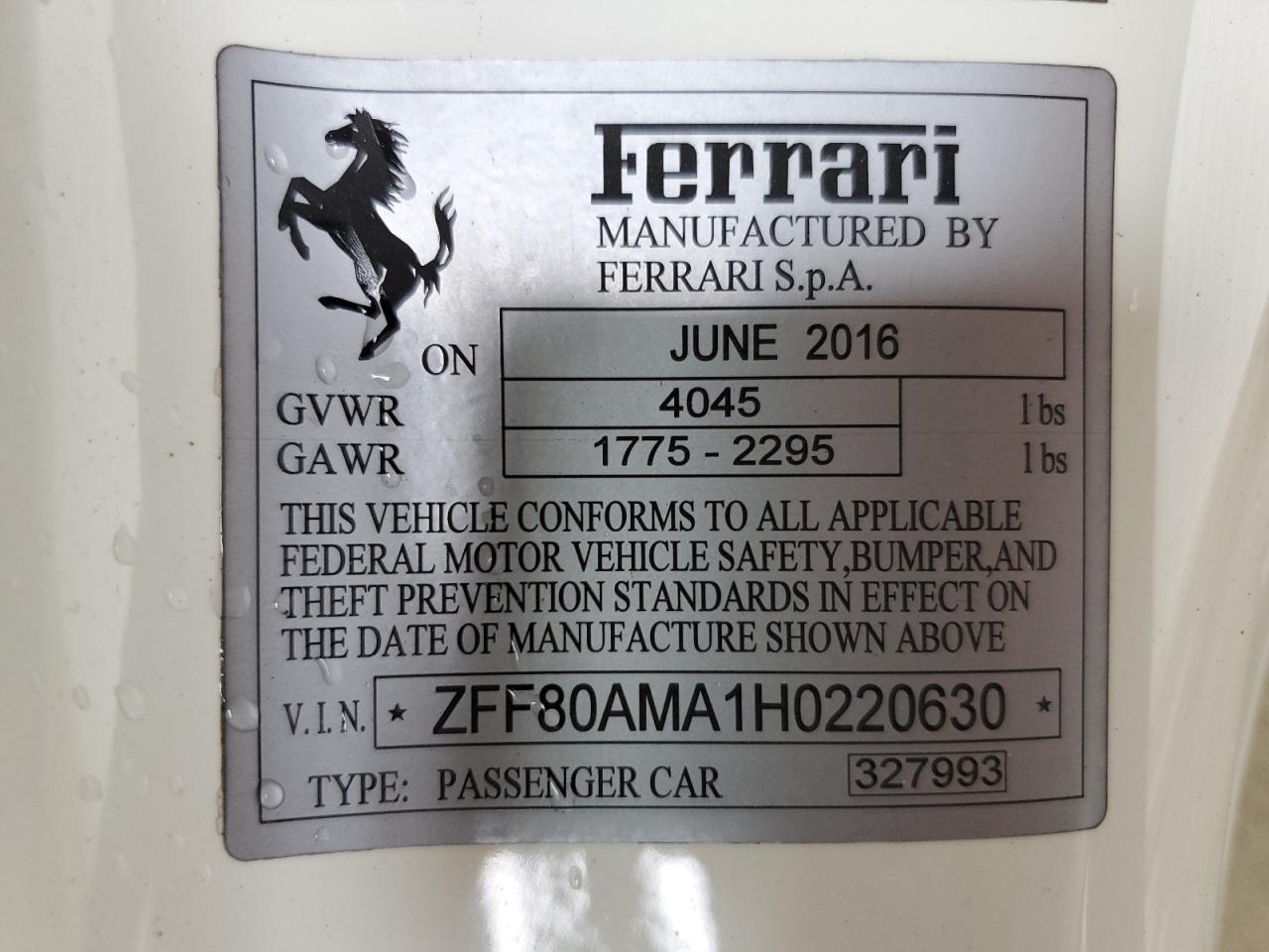 2017 Ferrari 488 VIN ZFF80AMA1H0220630 Copart auction photo, front end / mechanical damage thumbnail 12