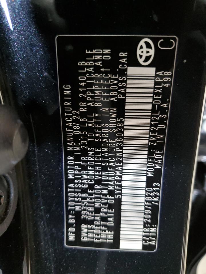 2022 Toyota Corolla VIN 5YFEPMAE2NP360385 Copart auction photo, rear end / front end damage thumbnail 12