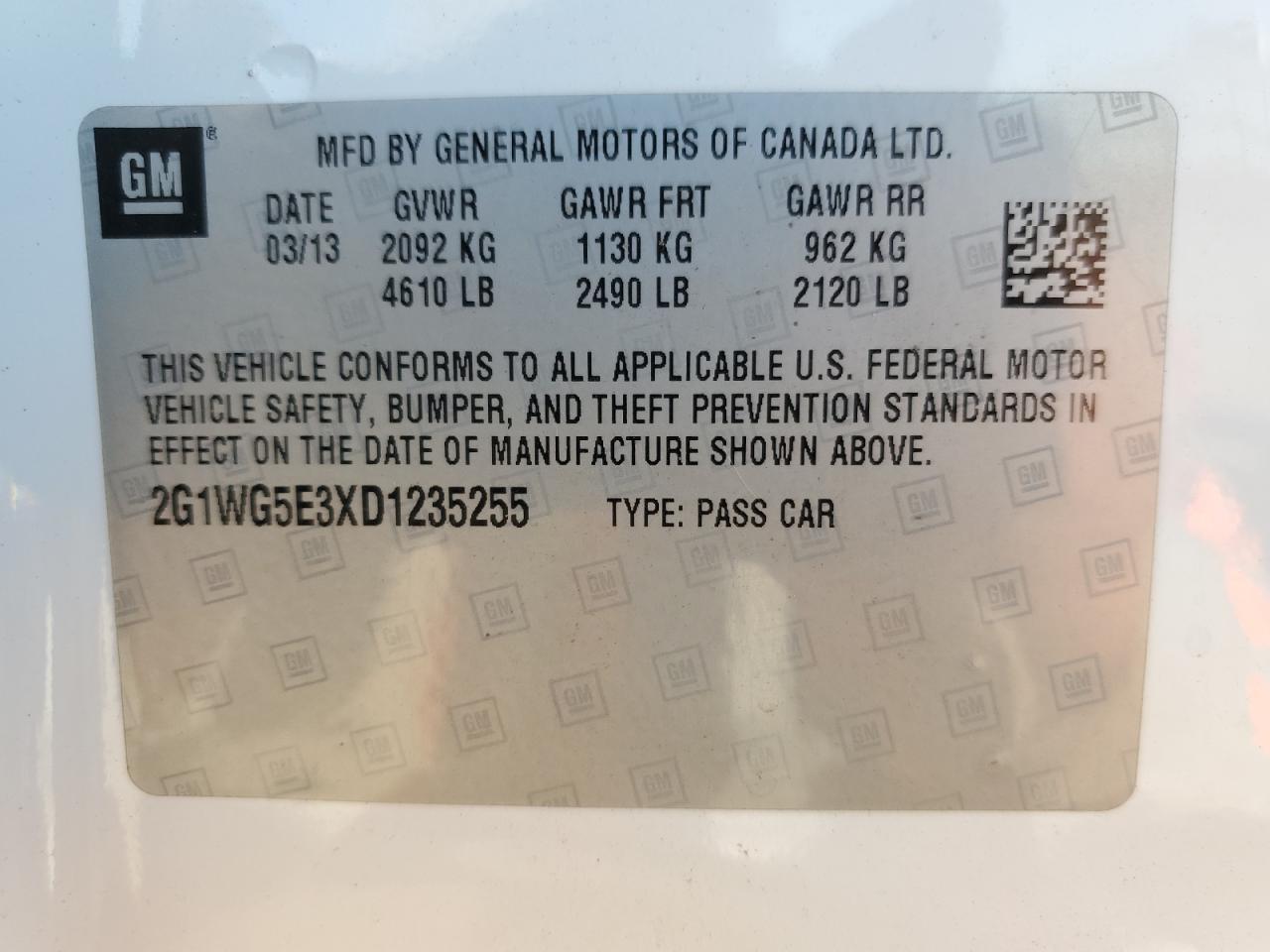 2013 Chevrolet Impala VIN 2G1WG5E3XD1235255 Copart auction photo, rear end damage thumbnail 13