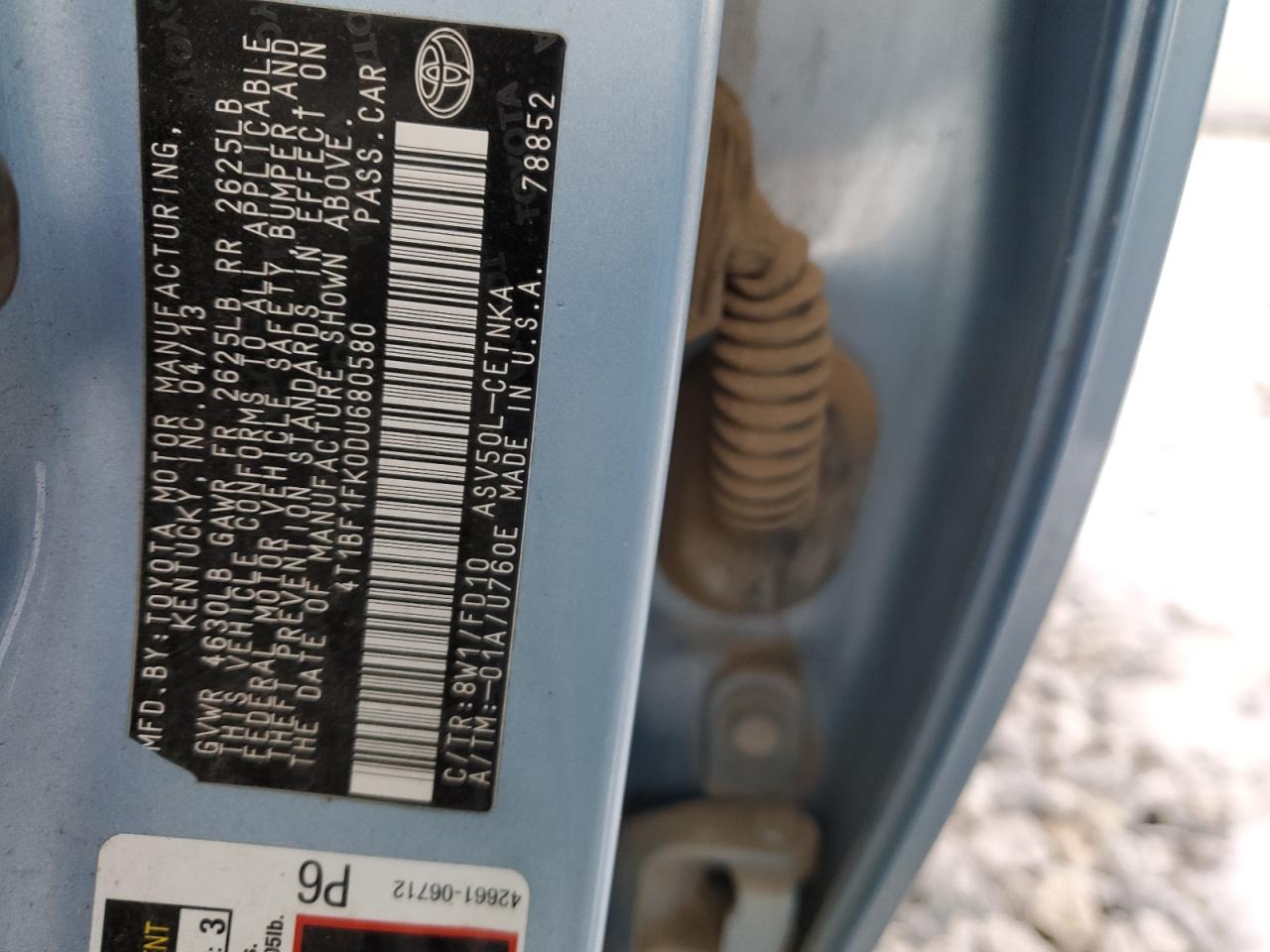 2013 Toyota Camry VIN 4T1BF1FK0DU680580 Copart auction photo, front end damage thumbnail 12