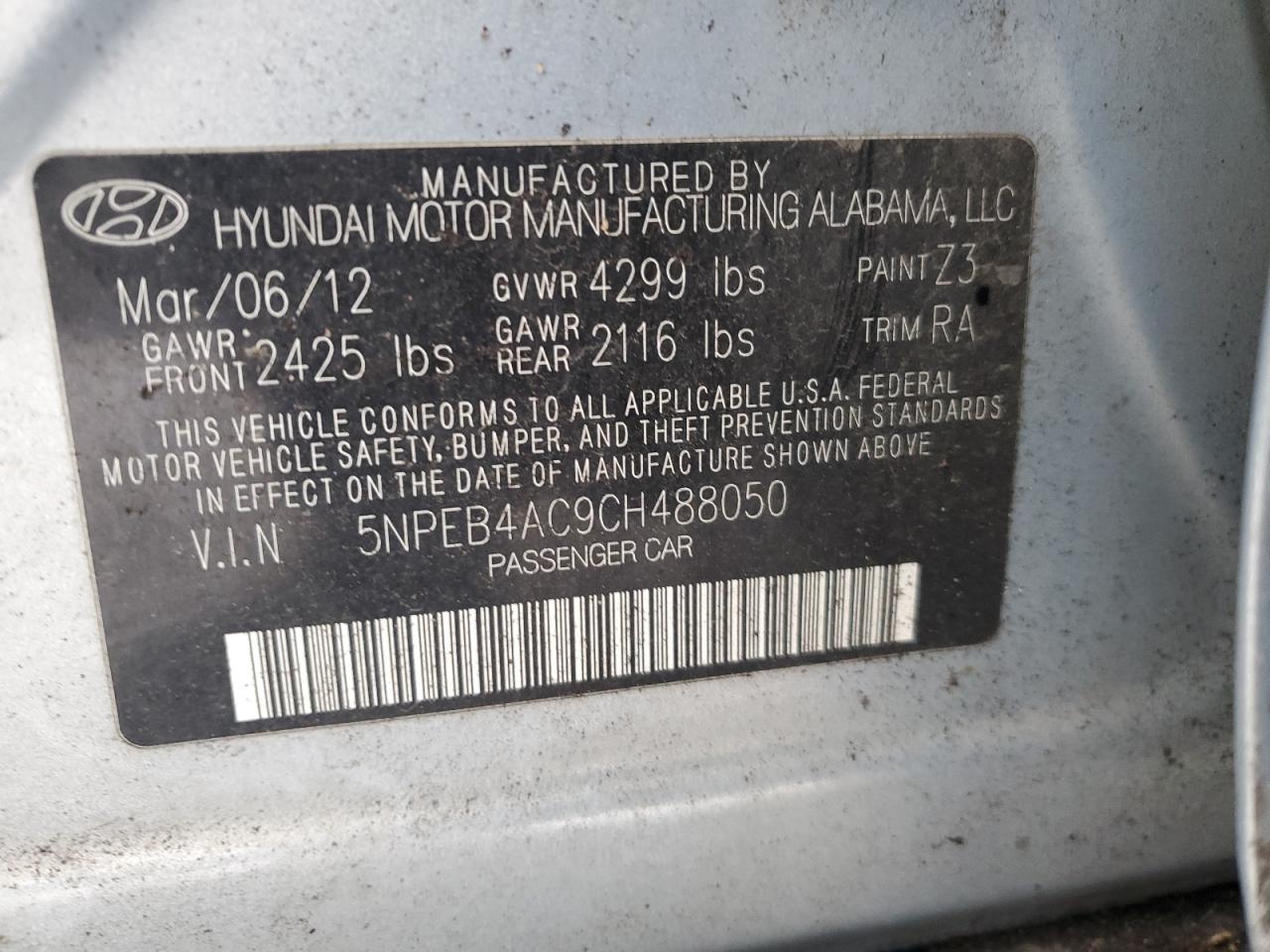 2012 Hyundai Sonata VIN 5NPEB4AC9CH488050 Copart auction photo, front end damage thumbnail 12