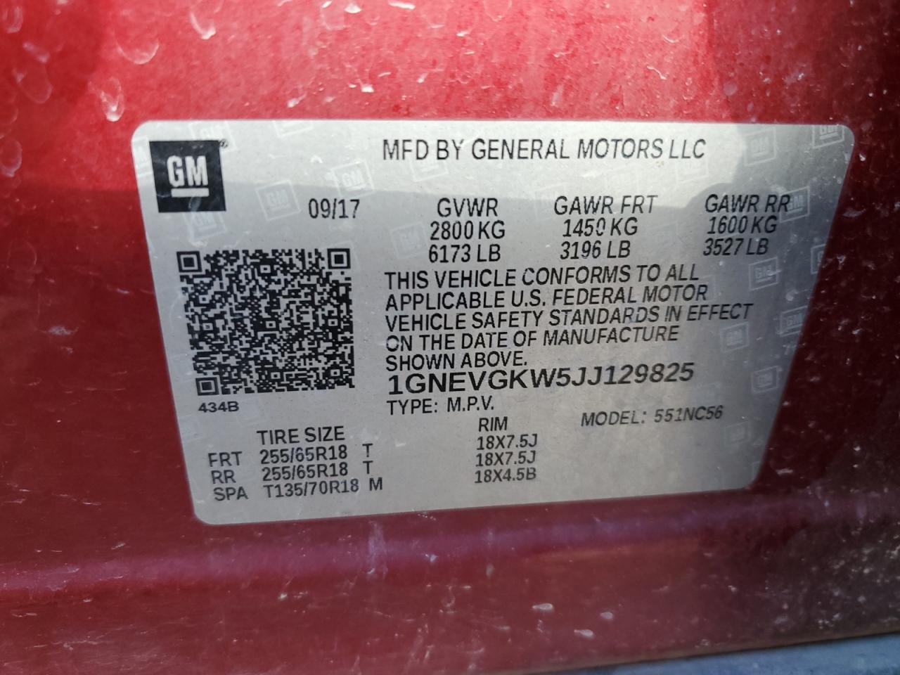 2018 Chevrolet Traverse VIN 1GNEVGKW5JJ129825 Copart auction photo, side damage thumbnail 15
