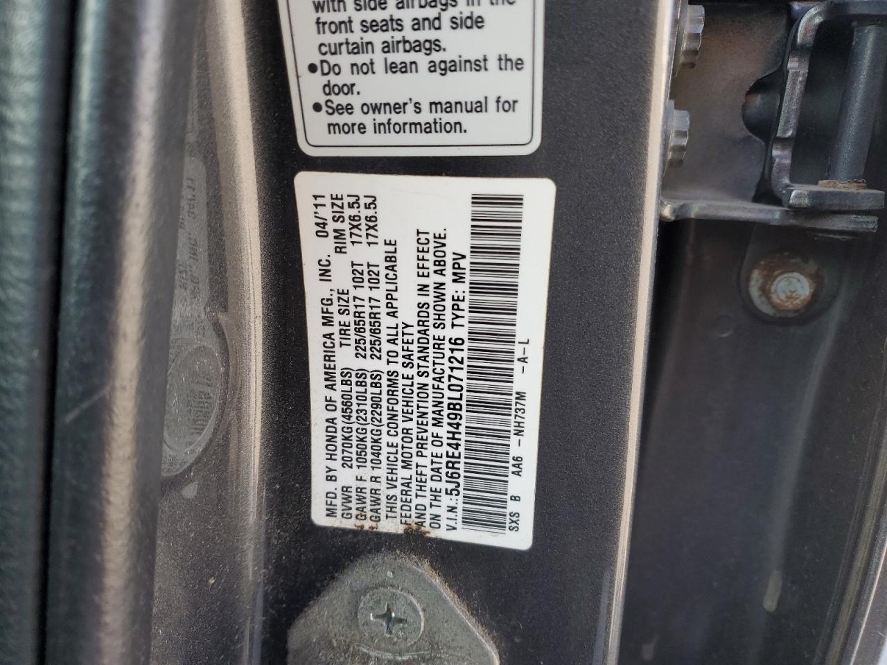 2011 Honda CR-V VIN 5J6RE4H49BL071216 Copart auction photo, front end damage thumbnail 13