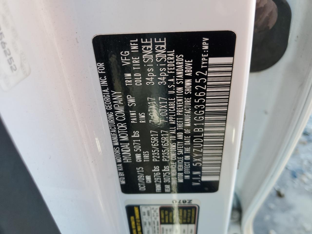 2016 Hyundai Santa Fe VIN 5XYZUDLB1GG356252 Copart auction photo, front end damage thumbnail 15