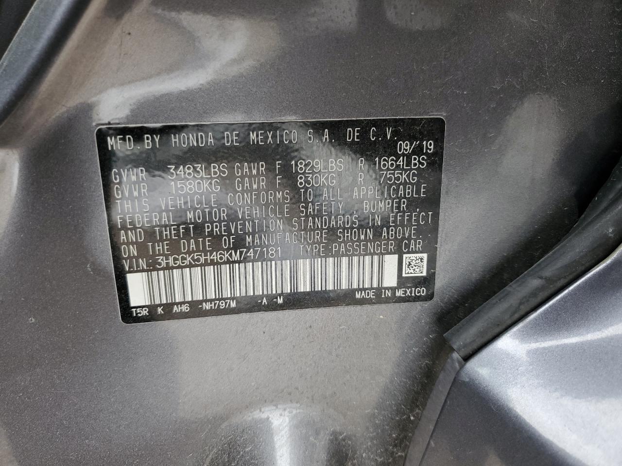 2019 Honda Fit VIN 3HGGK5H46KM747181 Copart auction photo, side / minor dent/scratches damage thumbnail 14