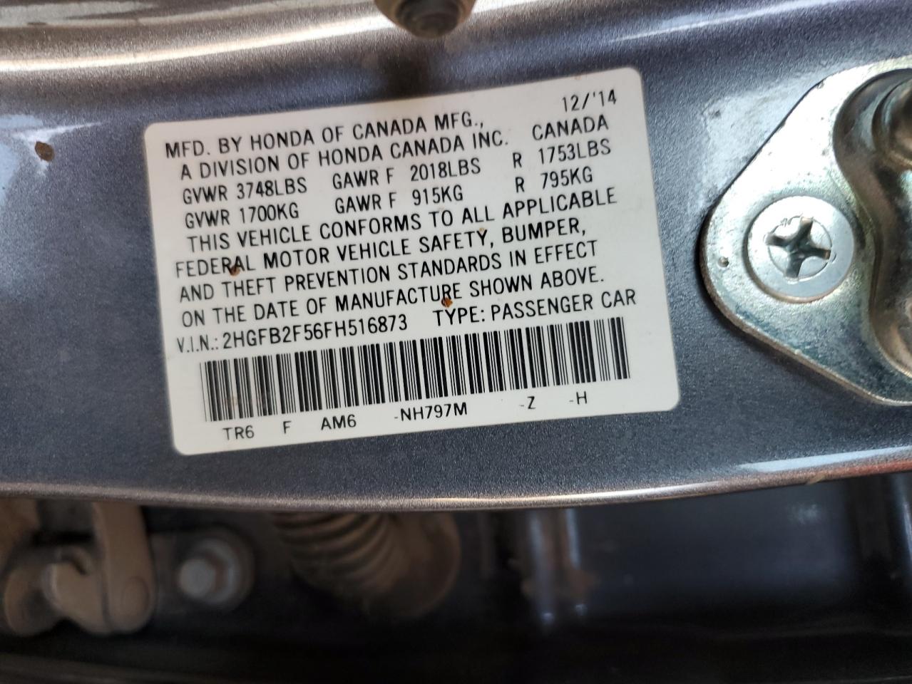 2015 Honda Civic VIN 2HGFB2F56FH516873 Copart auction photo, rear end damage thumbnail 12