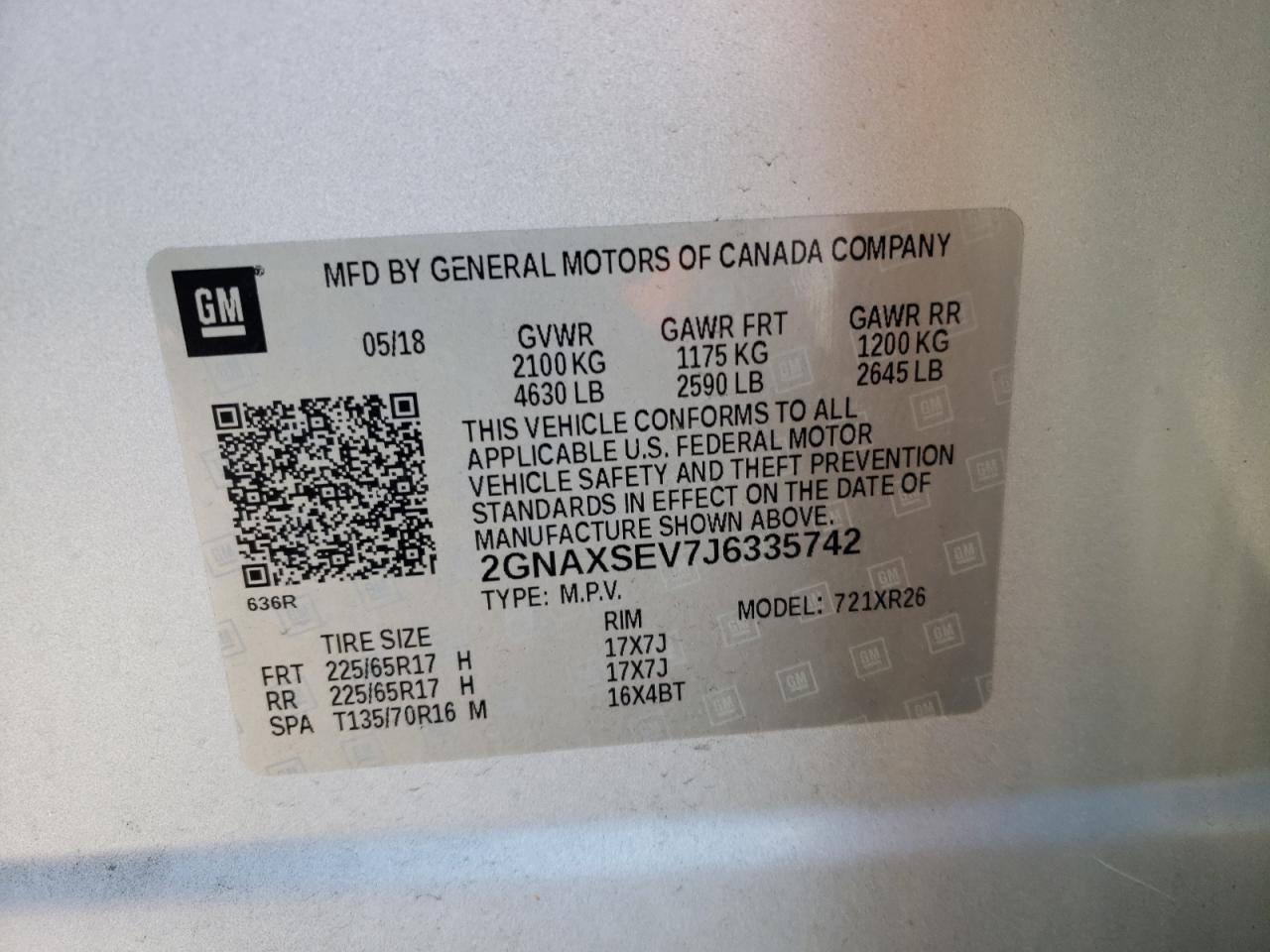 2018 Chevrolet Equinox VIN 2GNAXSEV7J6335742 Copart auction photo, rear end / side damage thumbnail 13