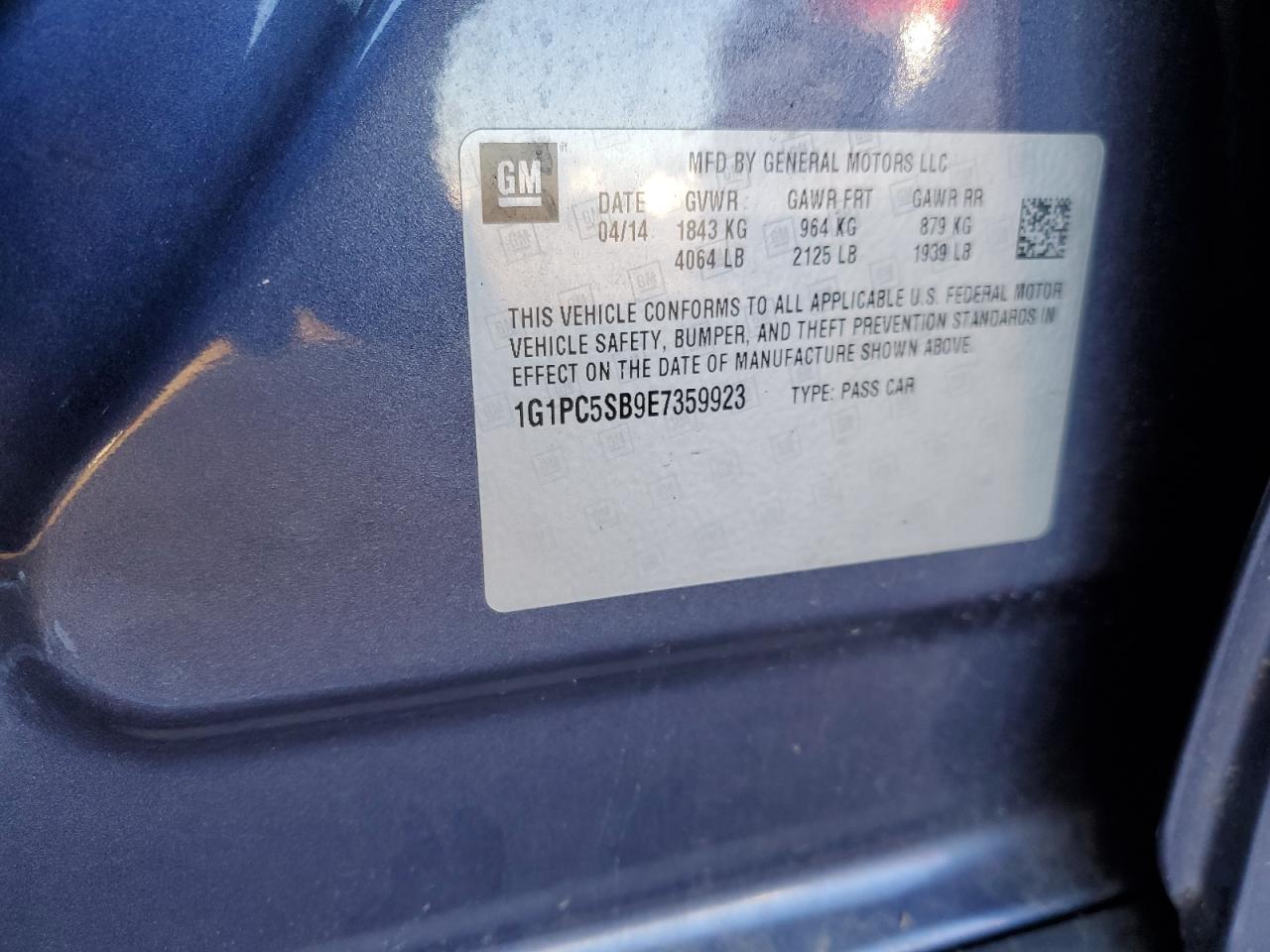 2014 Chevrolet Cruze VIN 1G1PC5SB9E7359923 Copart auction photo, front end / side damage thumbnail 14