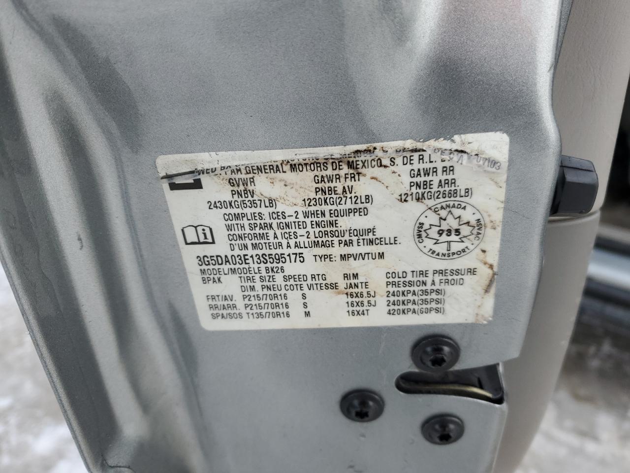 2003 Buick Rendezvous VIN 3G5DA03E13S595175 Copart auction photo, front end damage thumbnail 13