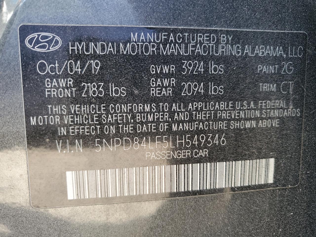 2020 Hyundai Elantra VIN 5NPD84LF5LH549346 Copart auction photo, vandalism damage thumbnail 12