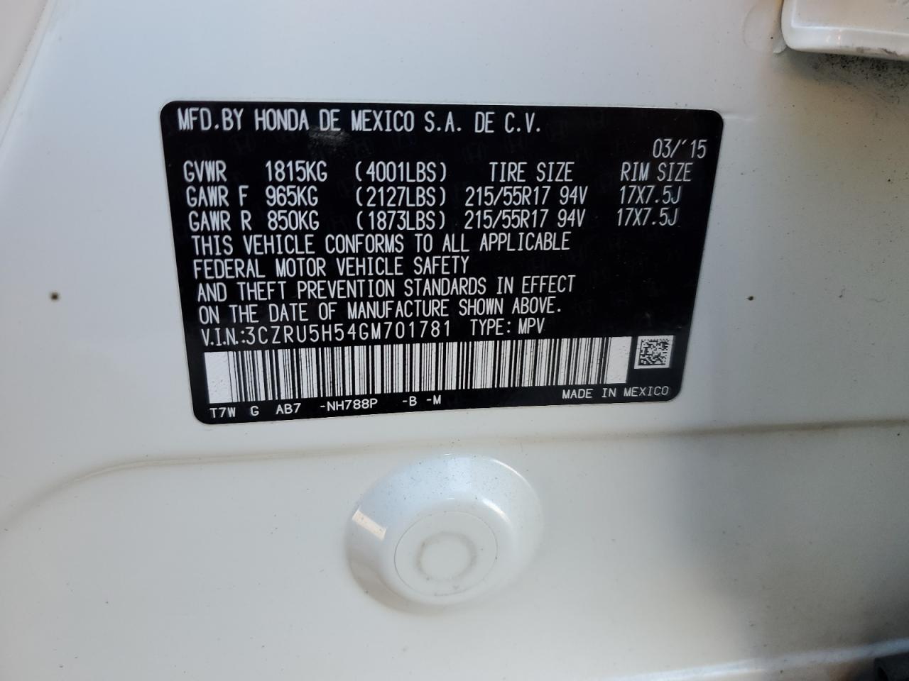 2016 Honda HR-V VIN 3CZRU5H54GM701781 Copart auction photo, front end damage thumbnail 15
