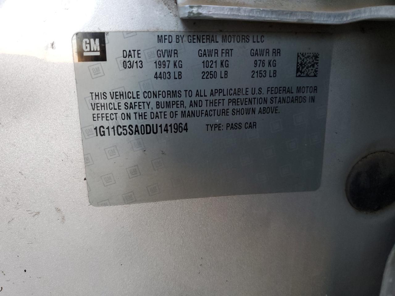 2013 Chevrolet Malibu VIN 1G11C5SA0DU141964 Copart auction photo, front end damage thumbnail 14