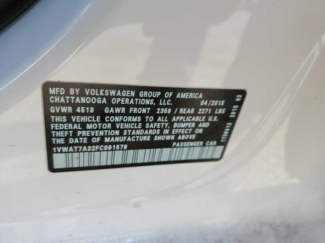 2015 Volkswagen Passat VIN 1VWAT7A32FC091578 Copart auction photo, front end / mechanical damage thumbnail 13