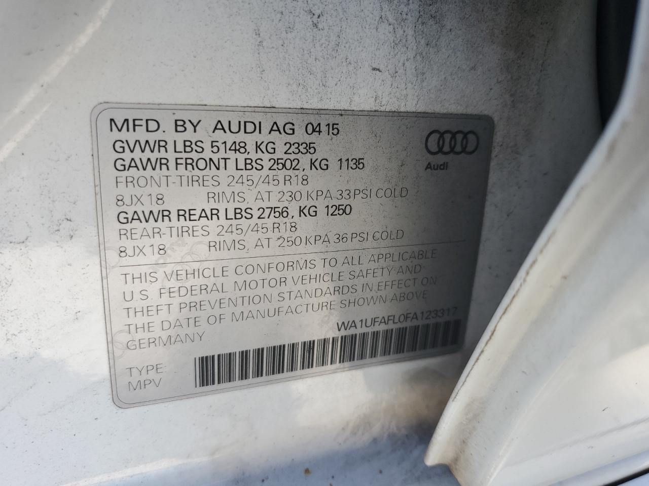 2015 Audi A4 VIN WA1UFAFL0FA123317 Copart auction photo, rear end damage thumbnail 13