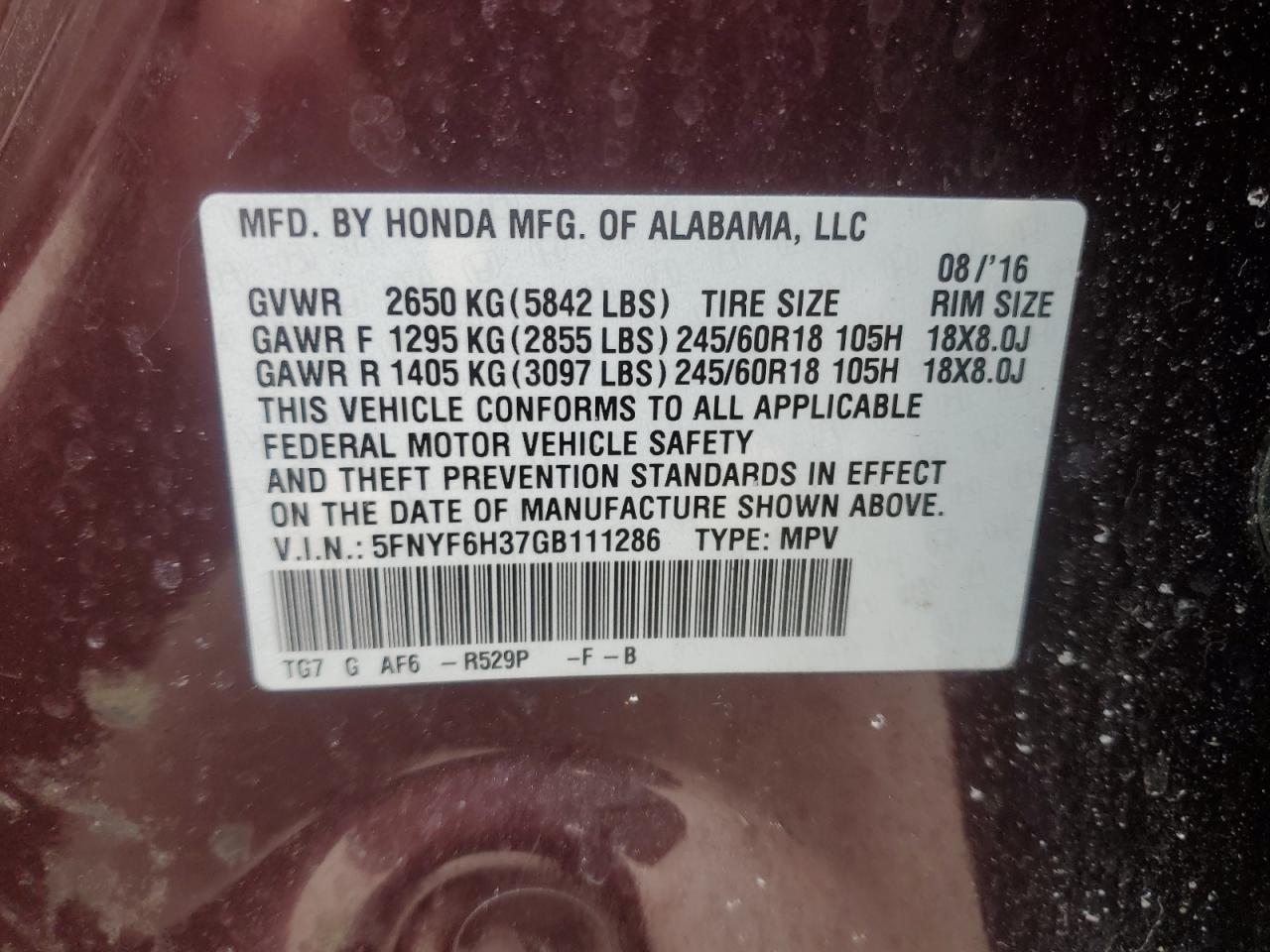 2016 Honda Pilot VIN 5FNYF6H37GB111286 Copart auction photo, side / minor dent/scratches damage thumbnail 15
