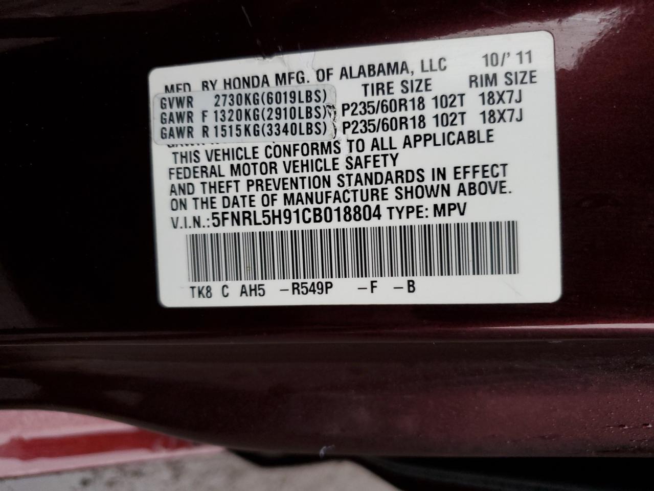 2012 Honda Odyssey VIN 5FNRL5H91CB018804 Copart auction photo, side damage thumbnail 13