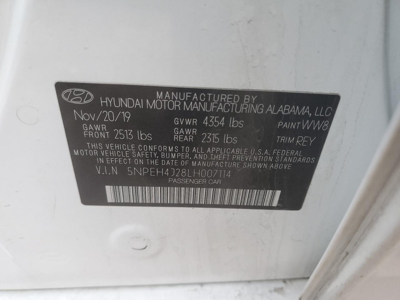 2020 Hyundai Sonata VIN 5NPEH4J28LH007114 Copart auction photo, front end / minor dent/scratches damage thumbnail 12